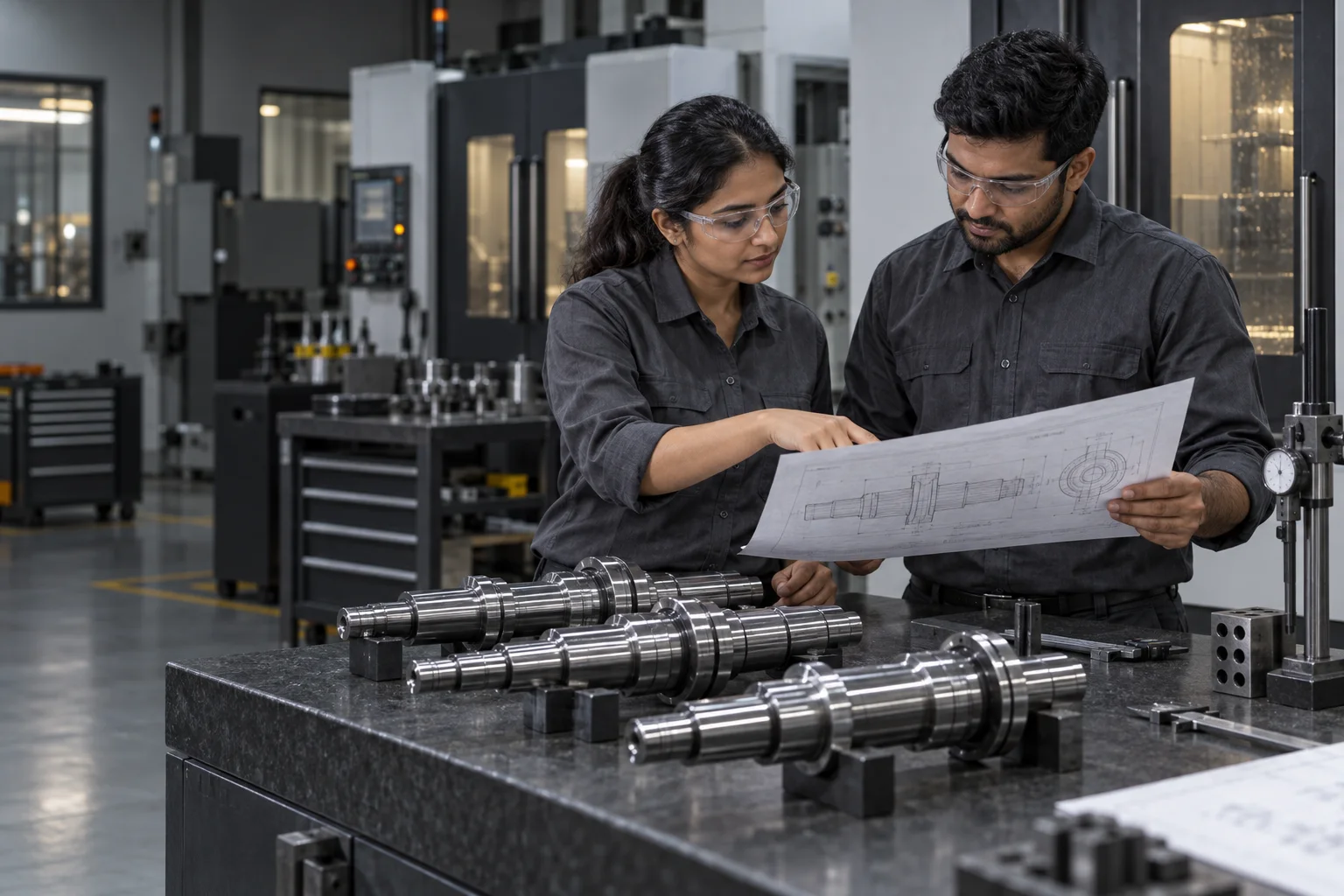 Illustration of engineers reviewing a component drawing